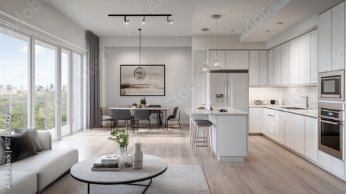 Wallpaper Mural Open-concept kitchen with white cabinetry, large windows, and high-end finishes Torontodigital.ca