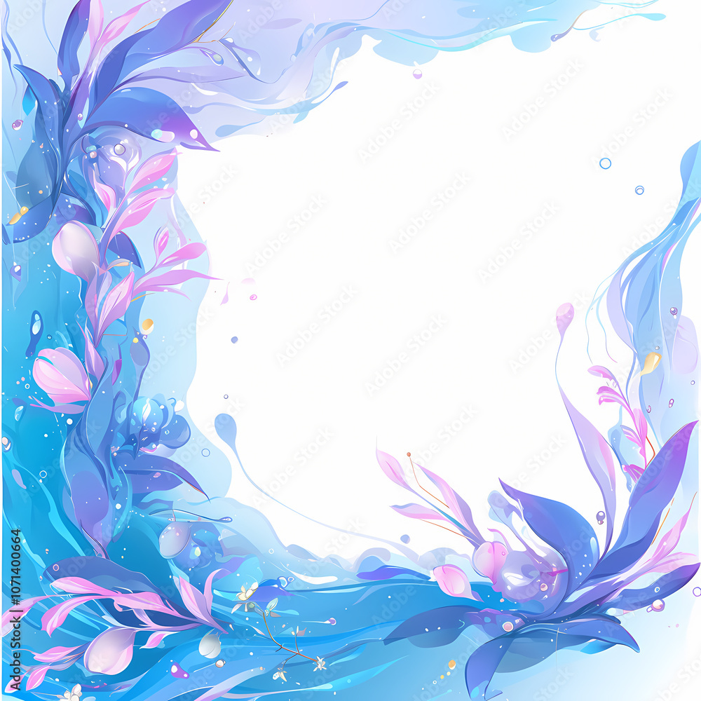 Whimsical water-colored illustration with pink and blue floral designs framing a white background. Perfect for invitations or special announcements. Whimsical water-colored illustration with pink and blue floral designs framing a white background. Perfect for invitations or special announcements.