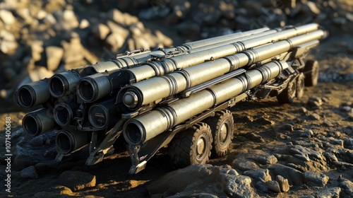 A multi-barrel rocket launcher system on rugged terrain, prepared for a tactical ground attack photo