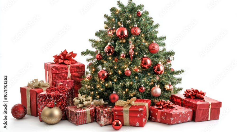 Beautifully wrapped gifts under a Christmas tree decorated with festive baubles and lights, arranged on a white backdrop Beautifully wrapped gifts under a Christmas tree decorated with festive baubles and lights, arranged on a white backdrop