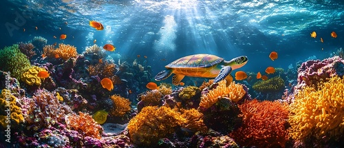 A vibrant green sea turtle glides gracefully through a coral reef teeming with colorful fish and corals, showcasing the beauty of underwater life in tropical waters.