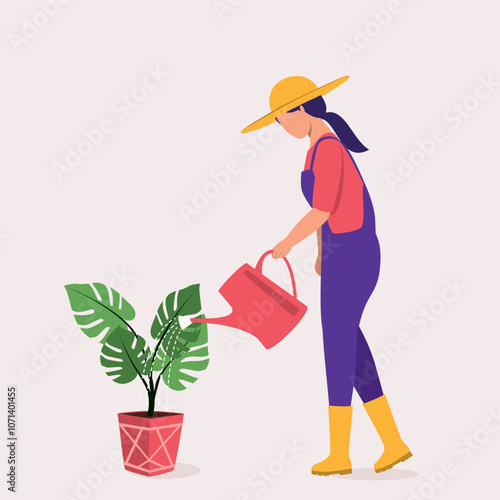 Side View Of A Young Woman With Hat And Rubber Boot Pouring Water On The Potted Plant With Watering Can.