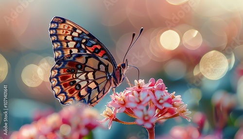 Butterfly on pink flower with bokeh light background 