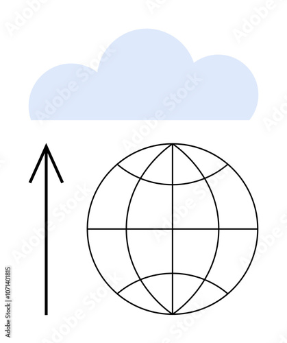 Cloud icon above a globe with an arrow pointing upwards. Ideal for cloud computing, global connectivity, data upload, internet services, digital communication, network infrastructure, remote access