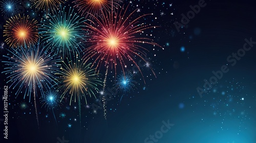 Fireworks on blue background with stars and space for text