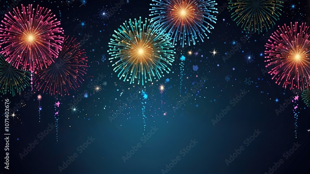 Obraz premium Fireworks on blue background with stars and space for text