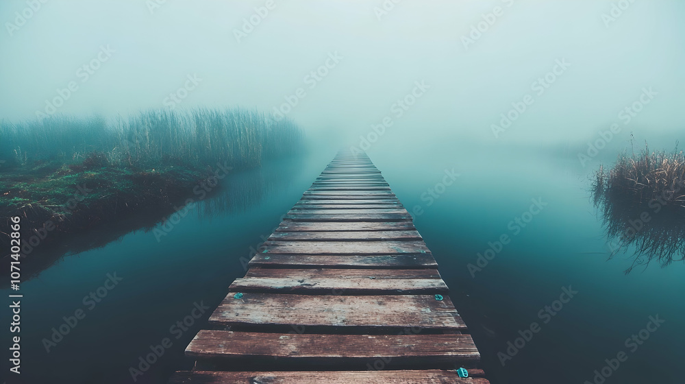Fototapeta premium A wooden pier stretches into the fog-covered water, creating a mysterious and tranquil scene.