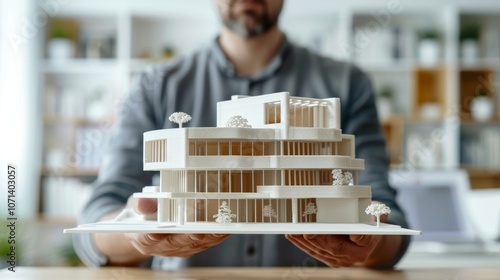 An architect holding a 3D printed model of a building as they compare it to their virtual reality design.