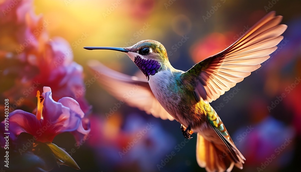 Naklejka premium A hummingbird hovers in mid-air with its wings outstretched, against a blurred, colorful background with light flares.