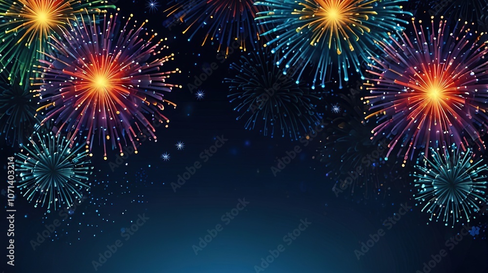 Fototapeta premium Fireworks on blue background with stars and space for text