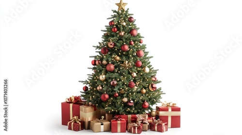 Christmas tree decorated with elegant red and gold baubles, softly lit, and positioned on a white backdrop with presents