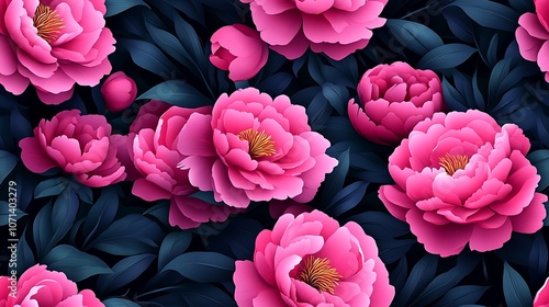 Pink Peony Seamless Pattern in Full Bloom