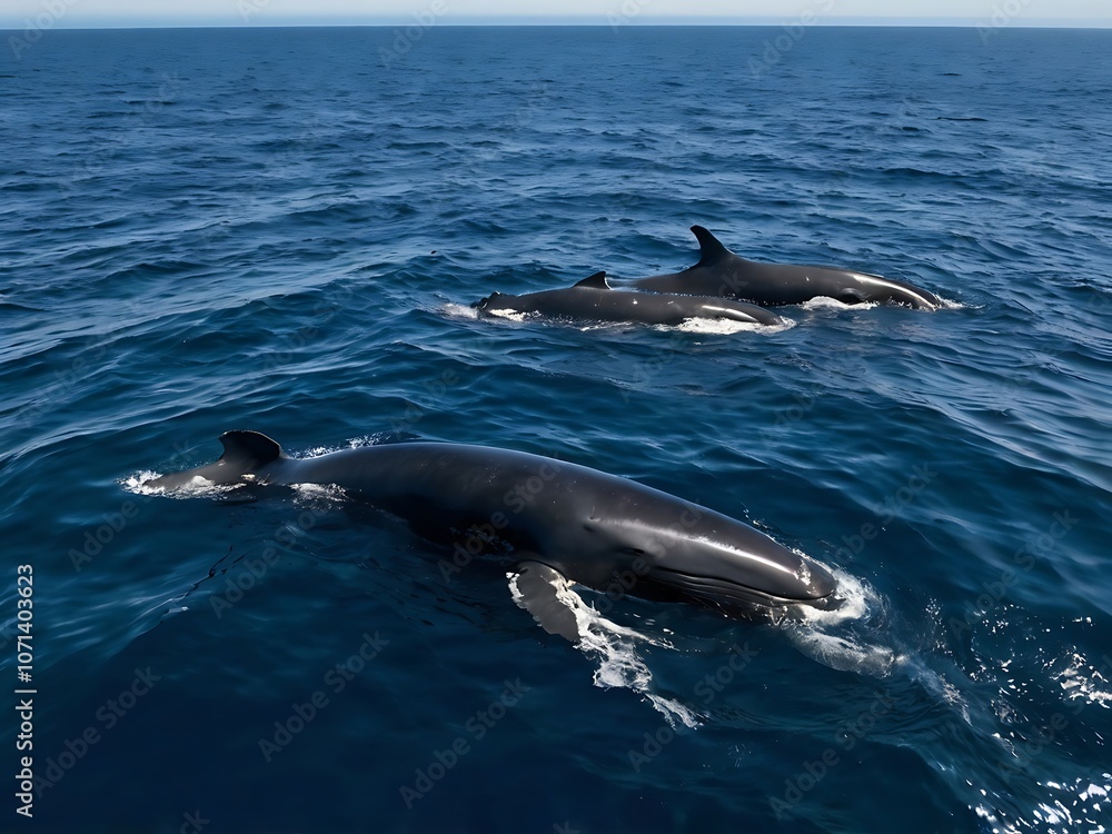 Fototapeta premium Two Black Whales Swimming in Blue Water