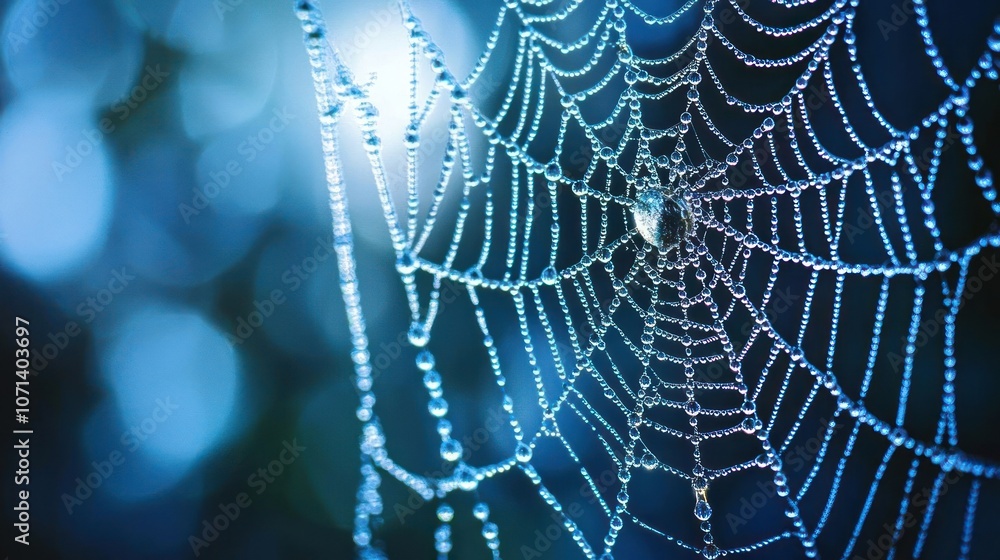Naklejka premium A close-up of a spider web adorned with dew drops, glistening in soft light.
