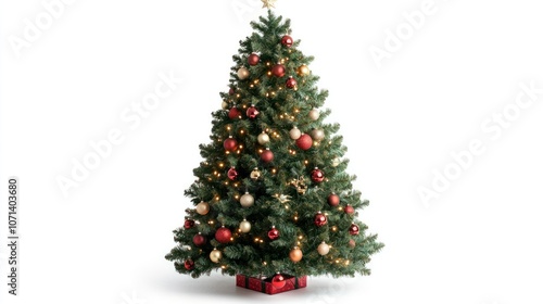 Christmas tree with a mix of elegant baubles and lights, standing on a clean white background, ready for the festive season