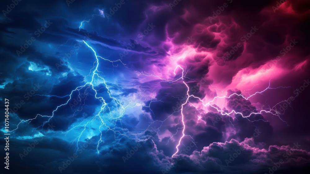 A dramatic sky filled with colorful lightning and swirling clouds, evoking a sense of power. A dramatic sky filled with colorful lightning and swirling clouds, evoking a sense of power.