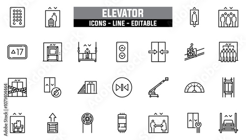 Set of 25 line icons elevator. Editable stroke. Vector illustration