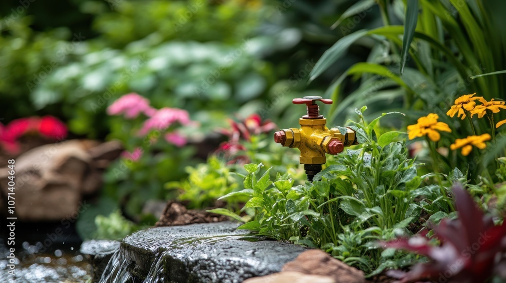 Fototapeta premium Close-up of an irrigation system with a yellow faucet and secure elbow fitting for water flow.
