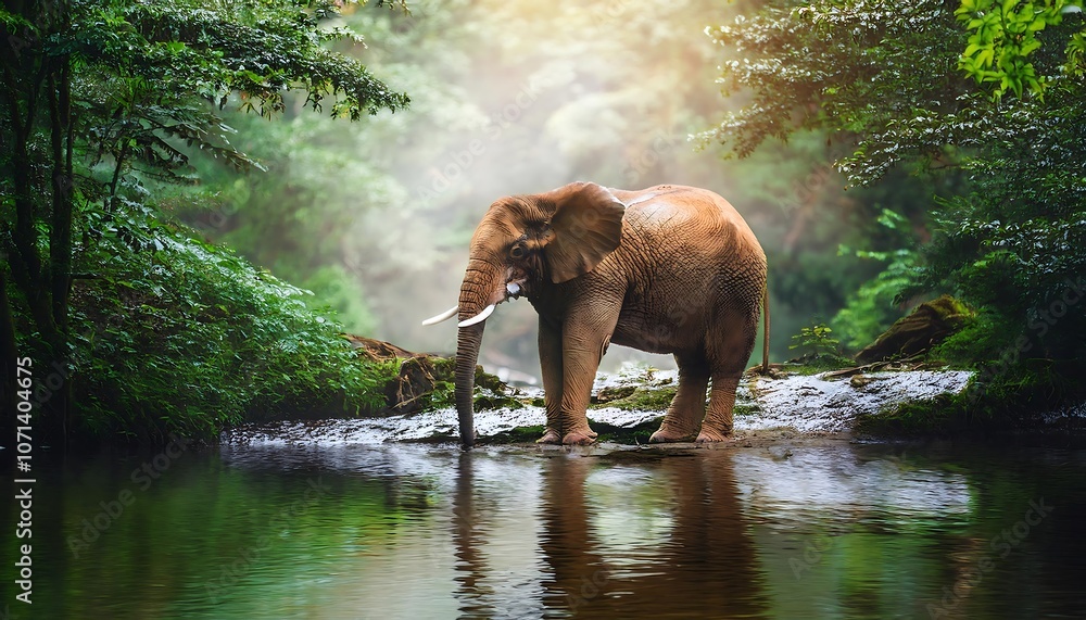 Fototapeta premium An elephant stands in a stream in a lush, sunlit forest.