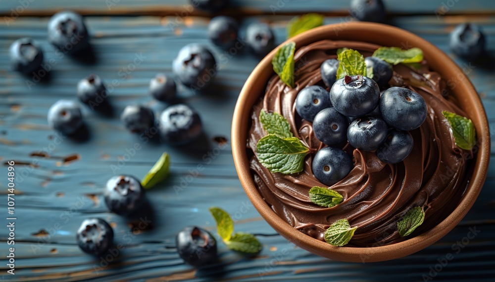 Chocolate cream with blueberries and mint on light blue wooden table,