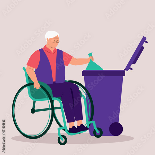 One Disabled Man In Wheelchair Throwing Rubbish Into The Garbage Bin.