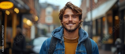 a young man with a friendly smile wearing a denim jacket, set in a casual urban setting, conveying confidence and approachability. cheerful young man in denim jacket