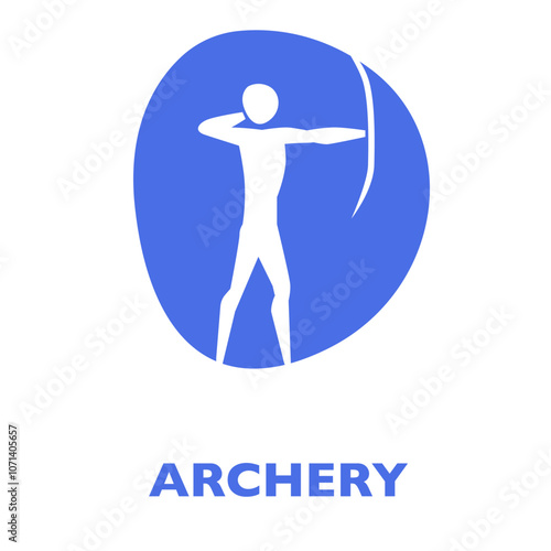 Minimalist archery illustration featuring a stylized figure drawing a bow. Ideal for sports-related designs, archery events posters, or activity brochures, symbolizing focus and precision.