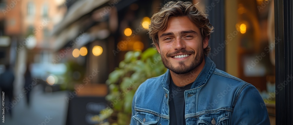 a young man with a friendly smile wearing a denim jacket, set in a casual urban setting, conveying confidence and approachability. cheerful young man in denim jacket a young man with a friendly smile wearing a denim jacket, set in a casual urban setting, conveying confidence and approachability. cheerful young man in denim jacket