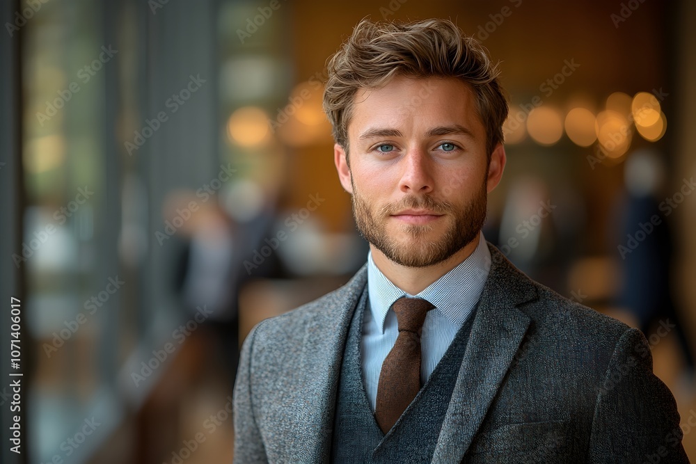 Fototapeta premium a young professional confidently posed in a sleek modern office, wearing a well-fitted suit with an expression of focus and determination. confident young professional in suit