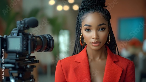 a vibrant studio setup featuring a black female host in a red suit, engaged in a dynamic discussion. video production scene with black female host