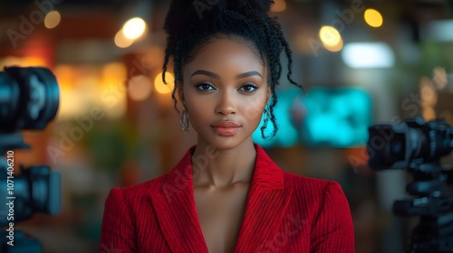 a vibrant studio setup featuring a black female host in a red suit, engaged in a dynamic discussion. video production scene with black female host