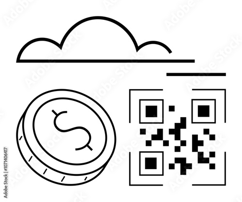 Cloud symbol, coin with dollar sign, and QR code in simple design. Ideal for finance, digital payments, cloud storage, technology, mobile apps cryptography security. Line metaphor