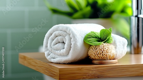 The two rolled towels, elegantly placed on the wooden bathroom table, exude a sense of cleanliness and organization photo