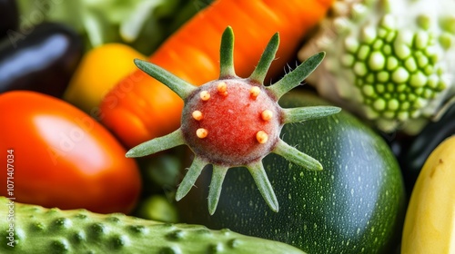 Fresh vegetables with a singlerotten tomato in the center,symbolizing food contaminationand the importance of qualitycontrol in food safety. photo