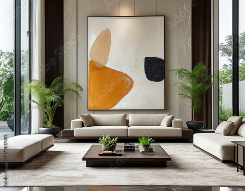 a minimalist living room in a luxury home, with a single piece of large, abstract artwork as the focal point.