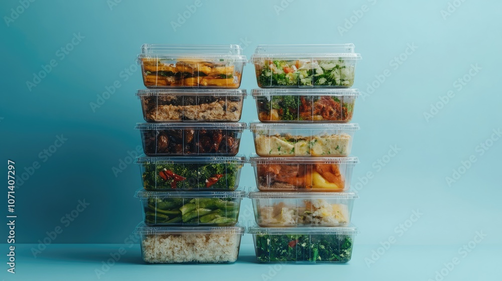 Fresh Meal Prep Containers Stacked on Blue Background Fresh Meal Prep Containers Stacked on Blue Background