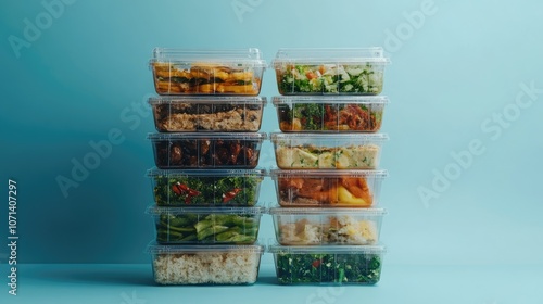 Fresh Meal Prep Containers Stacked on Blue Background