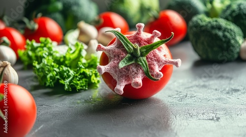 Fresh vegetables with a singlerotten tomato in the center,symbolizing food contaminationand the importance of qualitycontrol in food safety. photo