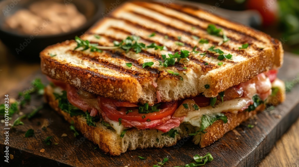 A mouth-watering sandwich with meat, cheese, tomato and arugula. A mouth-watering sandwich with meat, cheese, tomato and arugula.
