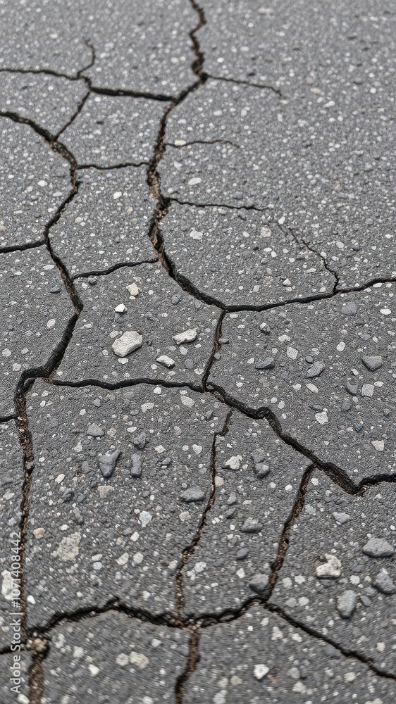 Obraz premium A close-up photo of weathered asphalt road surface with cracks and texture, construction, urban
