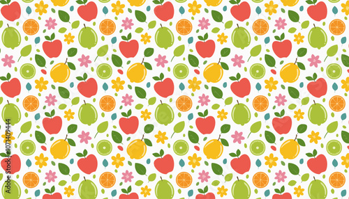 Seamless pattern with fruits and flowers. Cute apple, orange, lemon, pear and leaf vector background.
