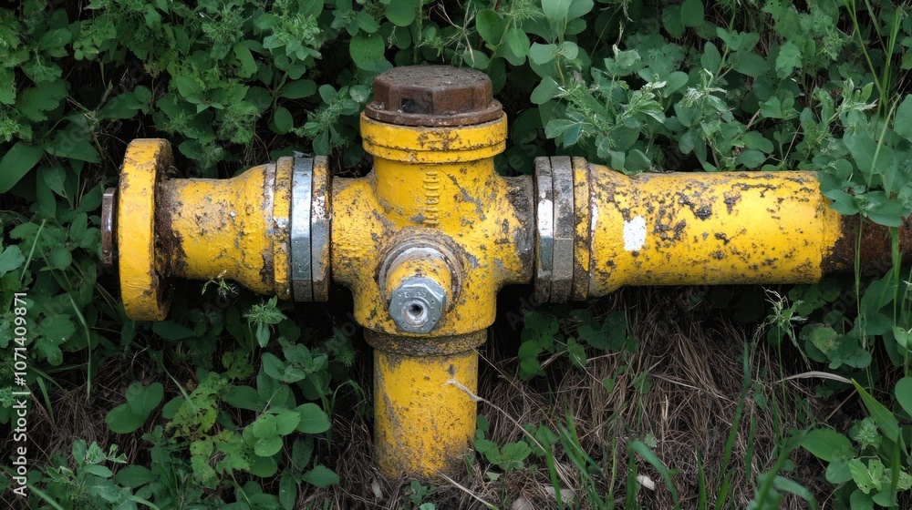 Detailed view of a yellow faucet in an irrigation system, attached to an elbow pipe fitting. Detailed view of a yellow faucet in an irrigation system, attached to an elbow pipe fitting.