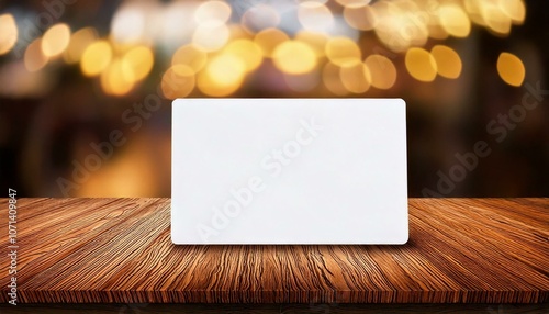 Blank paper on wooden table. White card moke up. Blank card. photo