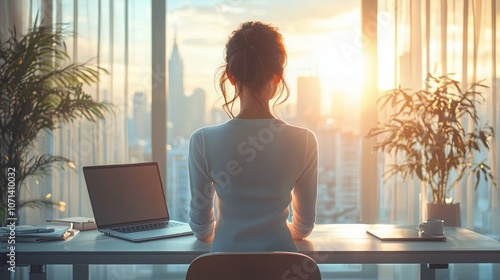 A confident Asian woman standing at a modern desk with a laptop open,