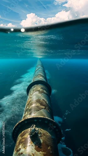 Submerged pipeline extending underwater, marine environment concept