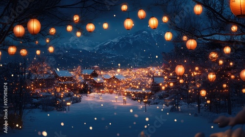 Serene Night Scene with Lanterns in Snowy Landscape