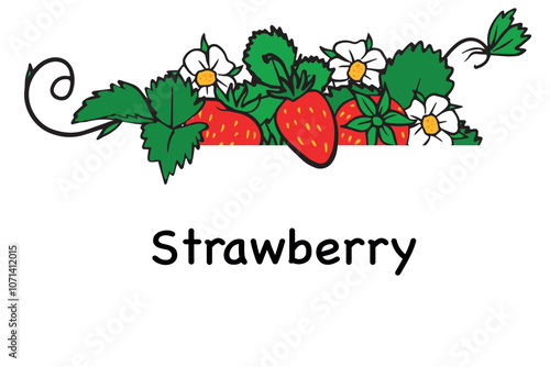 strawberries with white flowers and lush green leaves, perfect for use in branding, food packaging, recipe books, or gardening promotions.