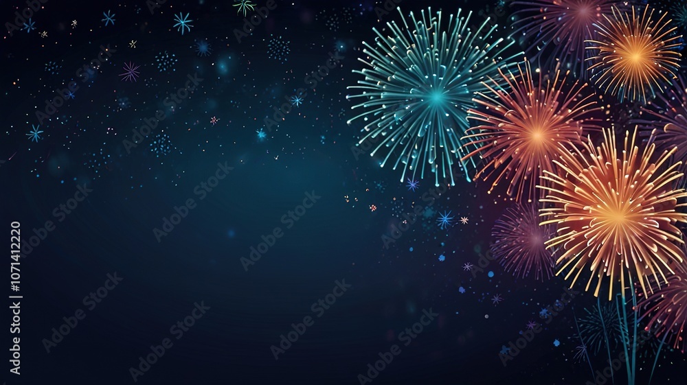 Obraz premium Fireworks on blue background with stars and space for text
