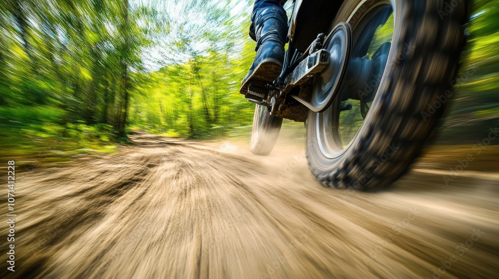 Naklejka premium Dynamic dirt trail with a fast-spinning motorbike tire, intense action and motion in an off-road scene.