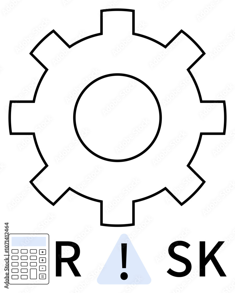Gear symbol with calculator, caution sign, and the word RISK. Ideal for finance, engineering, business strategy, risk assessment, process optimization, project management operational efficiency Gear symbol with calculator, caution sign, and the word RISK. Ideal for finance, engineering, business strategy, risk assessment, process optimization, project management operational efficiency